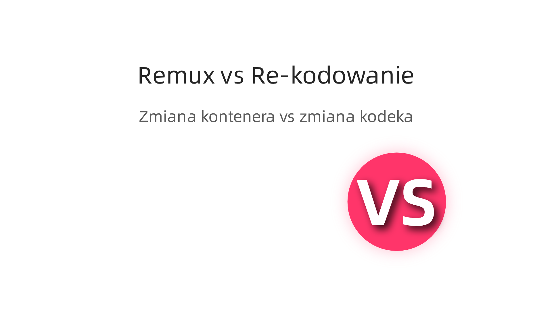 Infografika wyjaśniająca różnice między remuxingiem (zmiana kontenera bez wpływu na jakość) a re-kodowaniem (zmiana kodeka i kompresja, wpływ na jakość i rozmiar pliku).