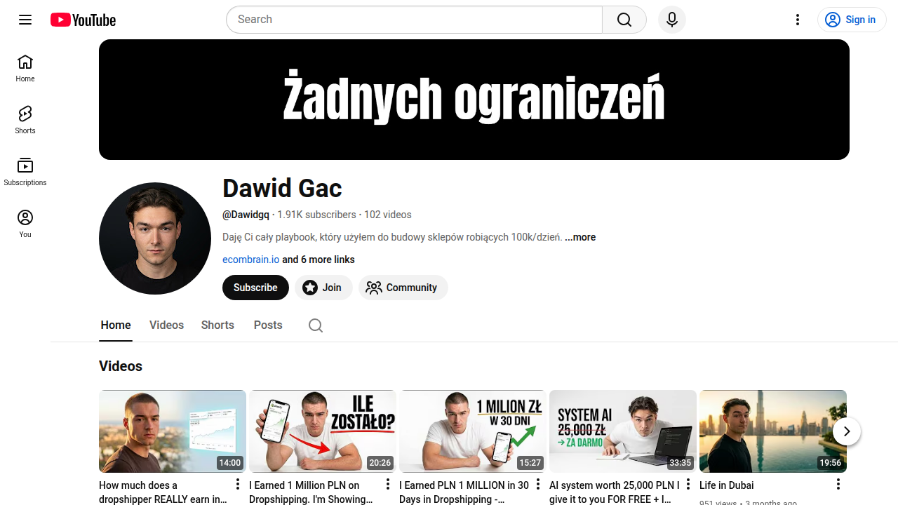 Zrzut ekranu kanału Dawida Gac na YouTube, oferującego porady dotyczące dropshippingu i e-commerce.