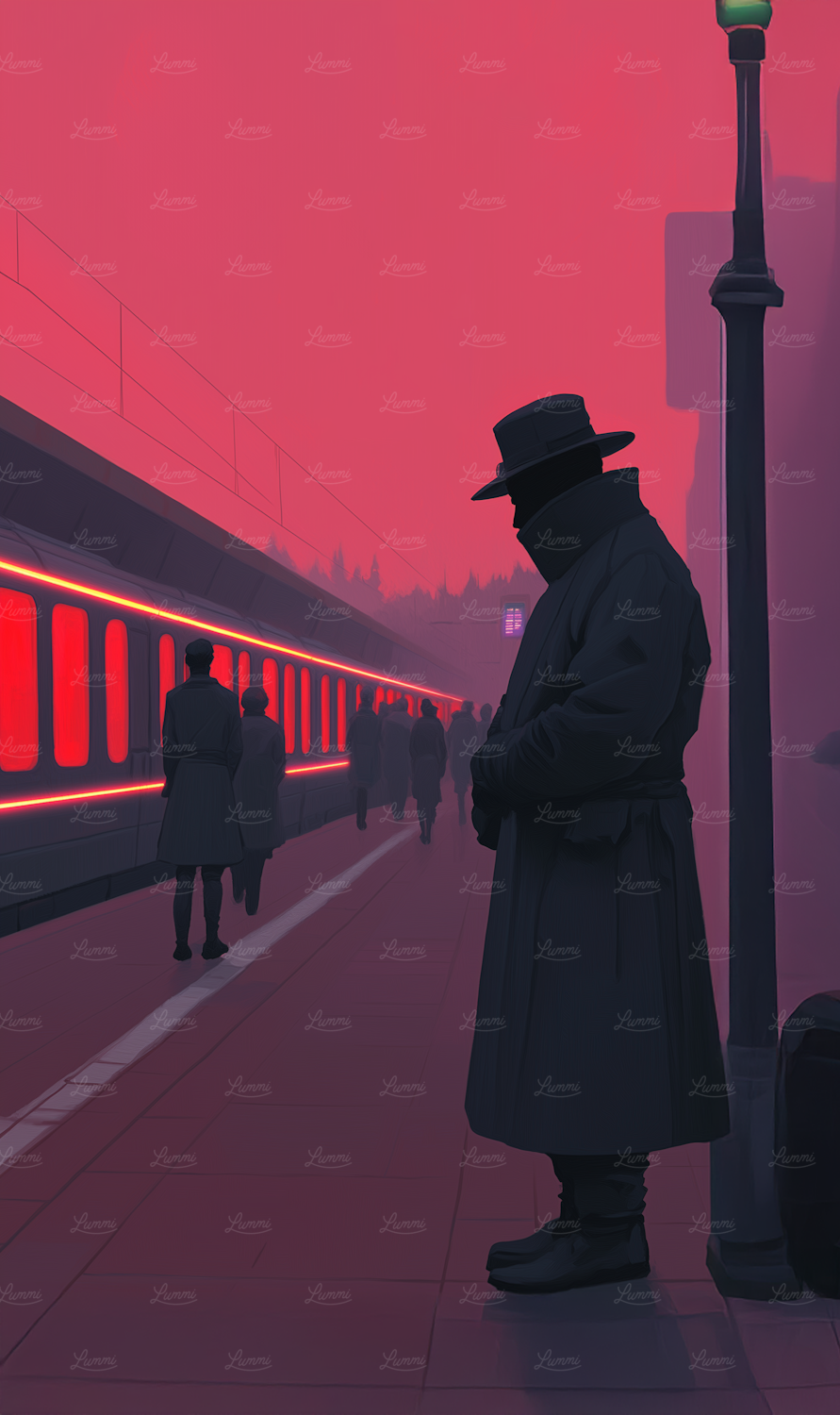 Ilustracja agentów Agencji Pinkertona pilnujących pociągu na Dzikim Zachodzie, podkreślająca ich rolę w ochronie kolei.