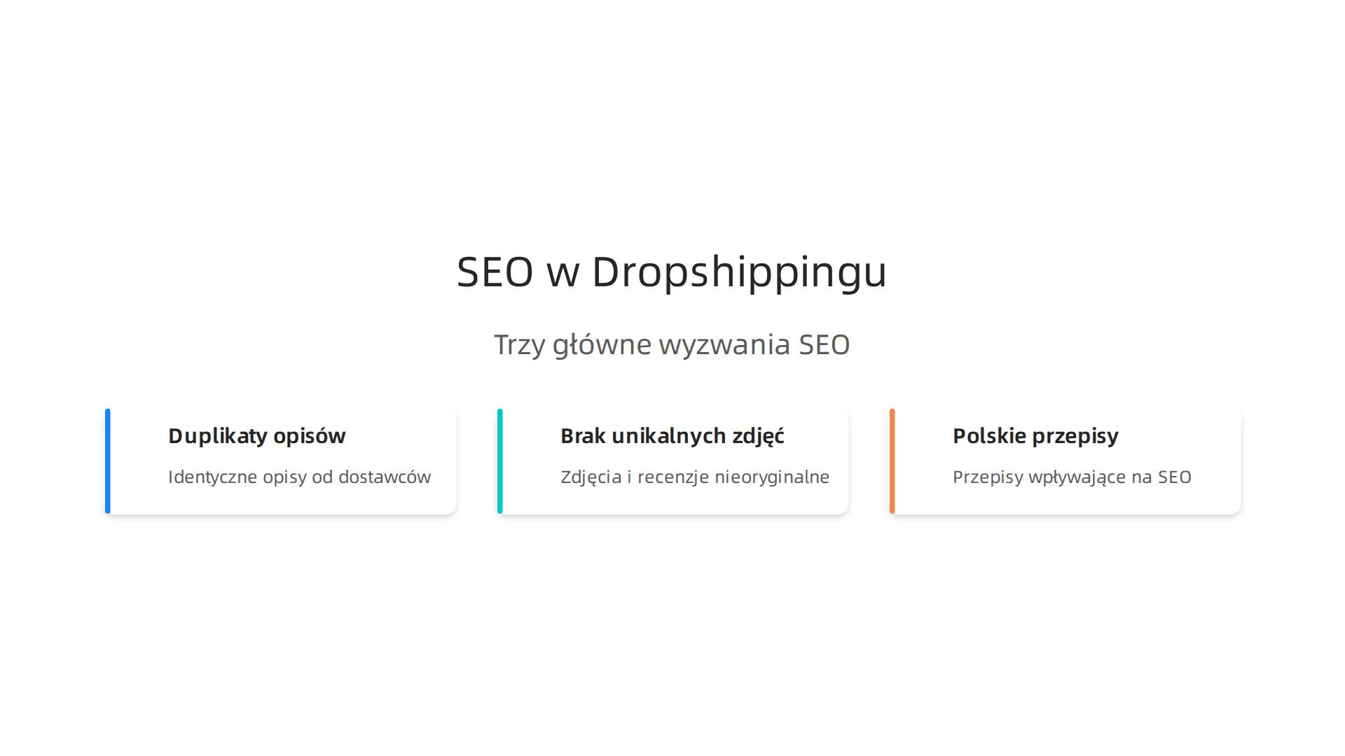 Trzy główne wyzwania w SEO dla dropshippingu na polskim rynku obejmują duplikację treści, brak unikalnych zdjęć i recenzji, oraz konieczność zgodności z polskimi przepisami prawnymi.