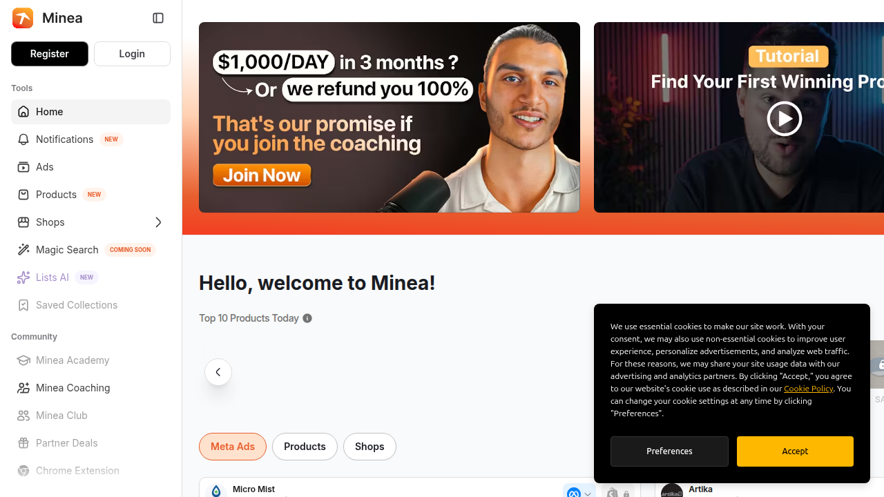 Screenshot of the Minea platform, an ad intelligence tool recommended for finding trending products and verifying market demand for dropshipping.