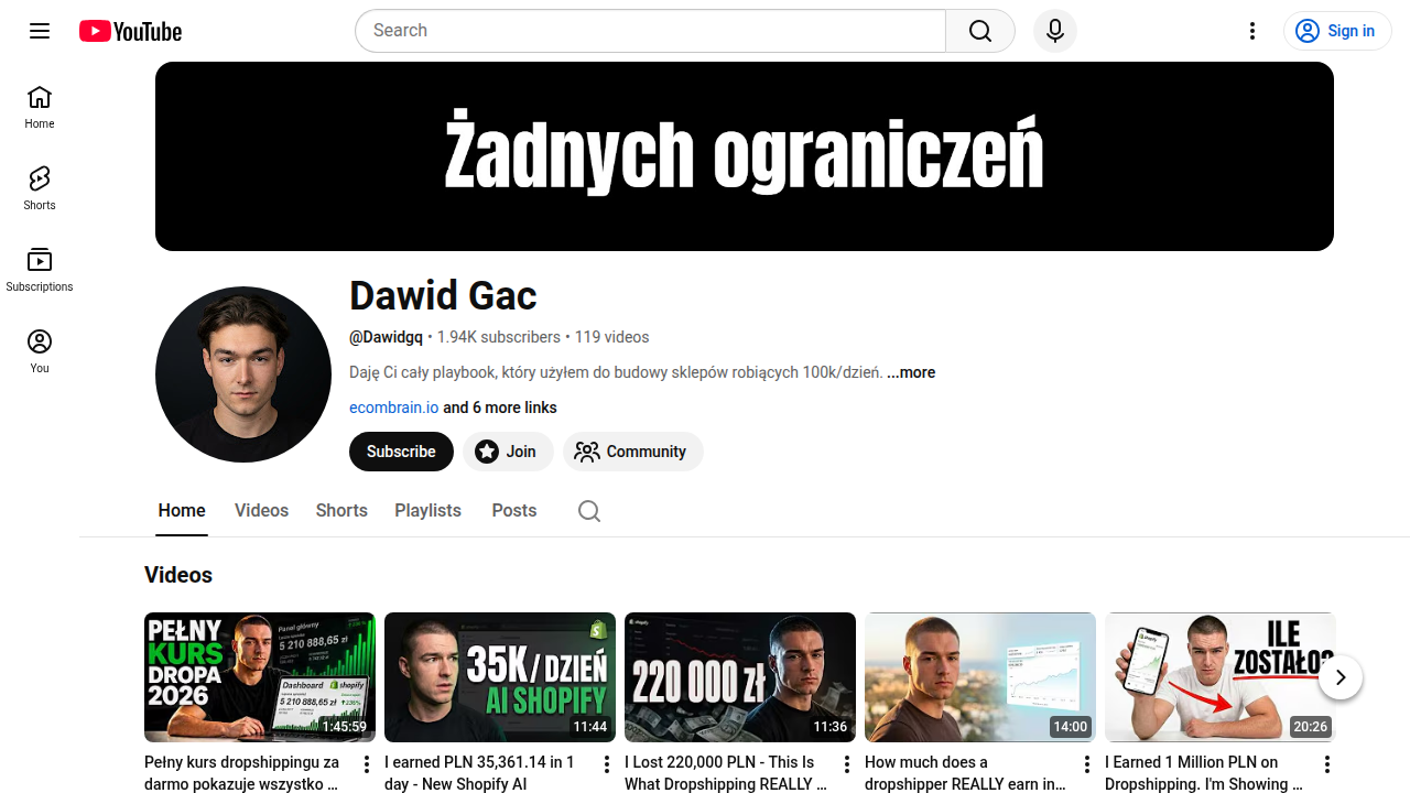 Screenshot of Dawid Gac's YouTube channel, which offers regular advice and tutorials on dropshipping tailored to the Polish market.