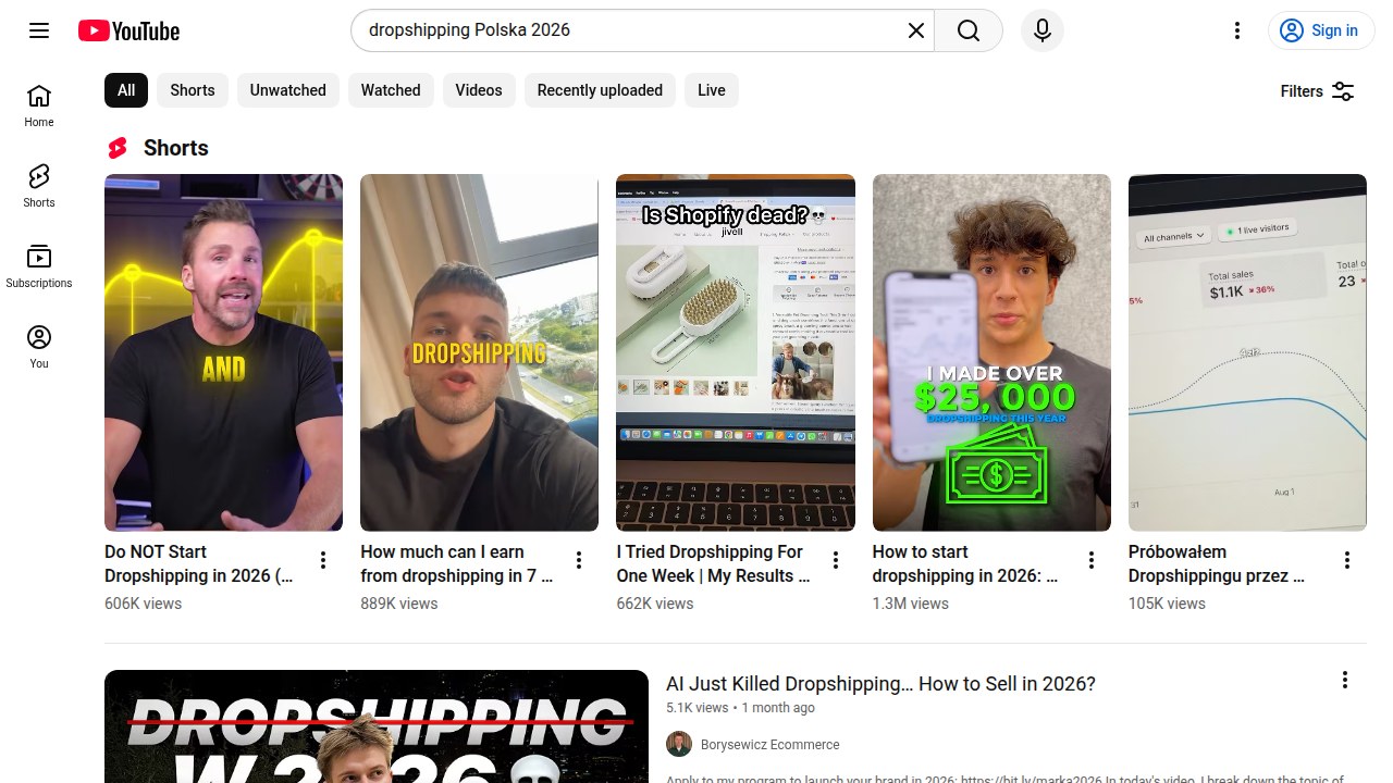 Przykład działania autouzupełniania w wyszukiwarce YouTube, które pomaga zidentyfikować popularne zapytania i trendy w dropshippingu.
