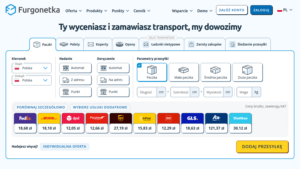 Furgonetka.pl to jedna z platform umożliwiających porównanie ofert różnych firm kurierskich.