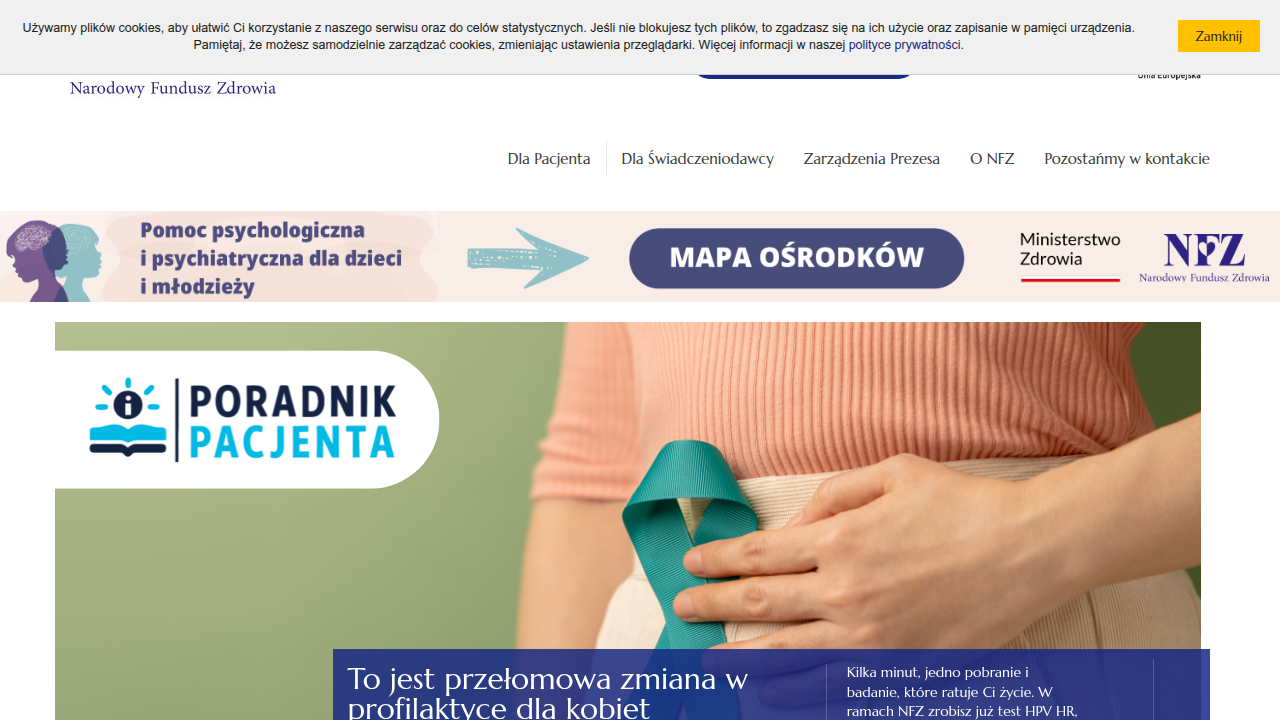 Strona główna Narodowego Funduszu Zdrowia, przykład wiarygodnego źródła informacji zdrowotnych w Polsce.